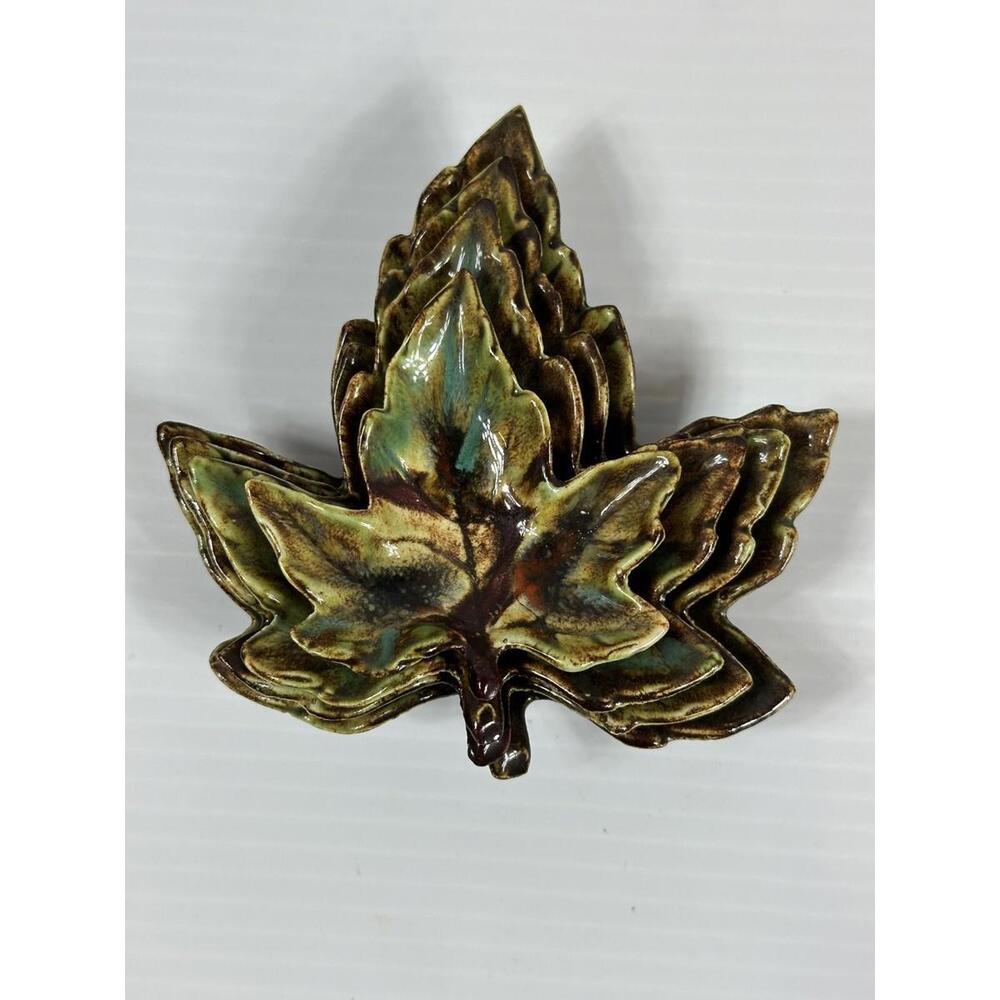 Vintage Ceramic Stacking Maple Leaves Nesting Trinket Dishes Brown Fall Set of 4
